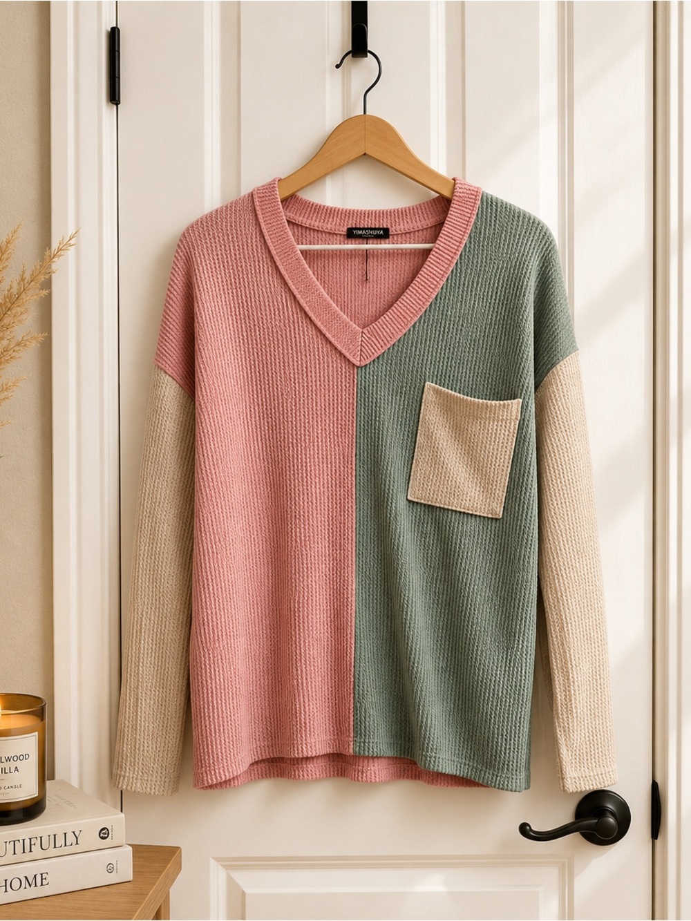 HEIMISH USA Pink Green Cream Colorblock V-Neck Sweater
